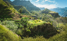 Amazing View Of High Mountains Covered With Lush Green Vegetation. Picturesque Banana And Sugarcane Plantations On The Trekking Trail To Coculli Santo Antao Cape Verde