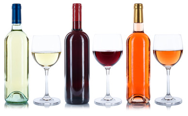Fototapete - Wein Flaschen Weinflaschen Weingläser Gläser Rotwein Rose Weißwein Alkohol freigestellt Freisteller