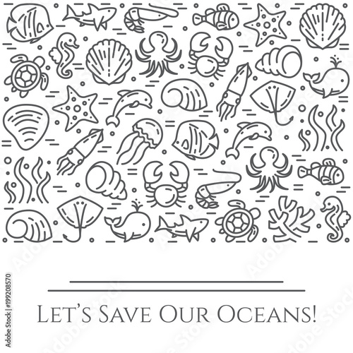 World Oceans Day Theme Black And White Banner Pictograms Of Fish