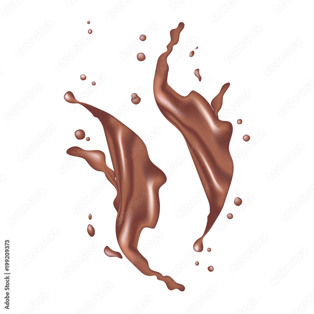 3d realistic twisted dark chocolate milk splash with drops. Isolated ...
