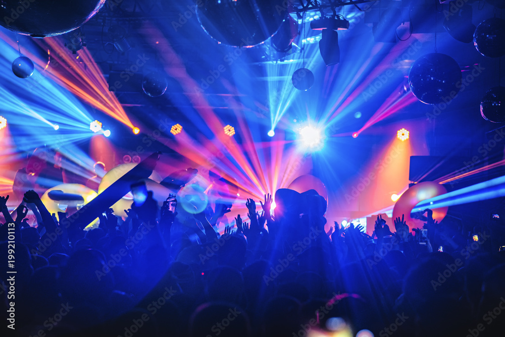 dj night club party rave with crowd in music festive - obrazy, fototapety, plakaty 