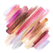 Abstract Paint Smears Isolated On White, Watercolor Brush Strokes, Fashion Make Up Palette, Sparkling Shimmer, Intricate Ethnic Background, Fuchsia Pink Gold Colors