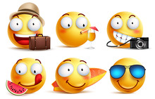Summer Smileys Vector Set With Facial Expressions. Yellow Smiley Face Emoticons With Summer Vacation And Travel Outfits And Elements Isolated In White Background. Vector Illustration.

