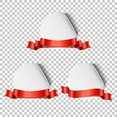 Poster - Round white blank sticker with curled edge decorated with red ribbon set isolated on transparent background. Vector promotion design elements.