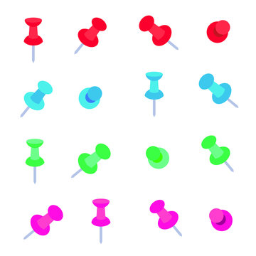 Office multi colored pins flat style paper pins vector illustration. Red, green, blue, pink version set isolated on white background.