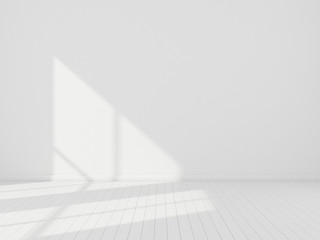 3d stimulate of white room interior and wood plank floor with sun light cast rhythm of shadow on the
