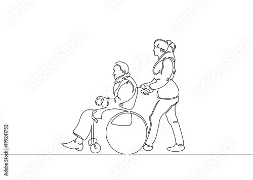 Continuous One Line Drawing Volunteer Pushing Wheelchair With Disabled Old Man Helping Elderly And Sick People Vector Illustration Total Editable Choose Thickness And Place Of Line Buy This Stock Vector And