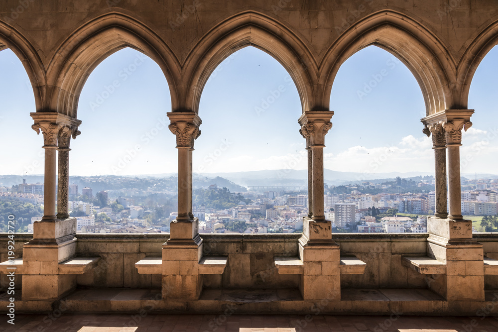 Leiria, Portugal. Overlooking view of the city of Leiria from the Gothic arcade of the Paco de D Joao I (Palace of John I) - obrazy, fototapety, plakaty 