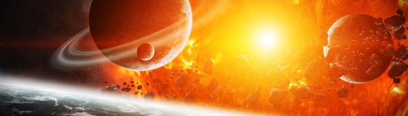 Wall Mural - exploding sun in space close to planet 3d rendering elements of this image furnished by nasa