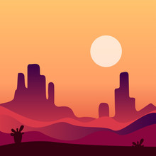 Evening Desert Landscape Background. Natural Scenery With Rocky Mountains And Cactus Plants. Vector Design In Gradient Colors