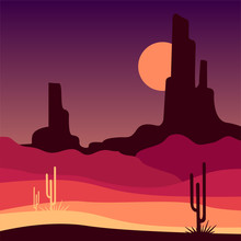 Landscape Of Wild Western Desert With Rocky Mountains And Cactus Plants. Mexican Sandy Scenery. Vector In Gradient Colors