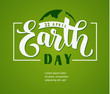 Earth Day. 22 april. Hand lettering text with abstract Earth globe silhouette on green background. Vector template design