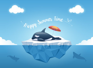 Cute Orca or the killer whale sleeping on the iceberg with beach umbrella. Iceberg with above and underwater view. Whales swim in the ocean. Summer background concept. Vector illustration.