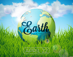 Wall Mural - Earth Day illustration with planet and lettering. World map background on april 22 environment concept. Vector design for banner, poster or greeting card.