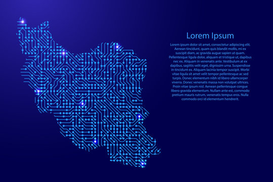 Map Iran from printed board, chip and radio component with blue star space on the contour for banner, poster, greeting card, of vector illustration.
