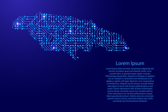 Map Jamaica from printed board, chip and radio component with blue star space on the contour for banner, poster, greeting card, of vector illustration.
