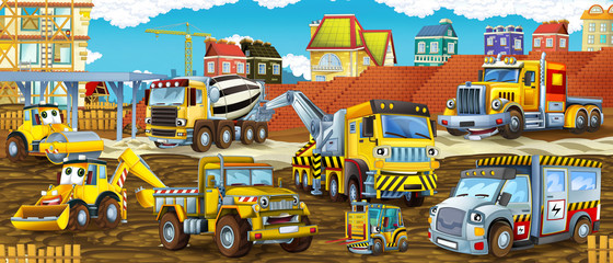 Wall Mural - cartoon scene with different happy construction site vehicles - illustration for children