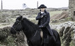 Handsome Male Horse Rider Regency 18th Century Poldark Costume with tin mine ruins and Cornish countryside in background