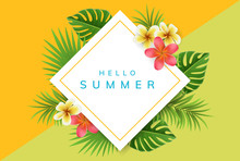 Geometric Square Summer Frame With Exotic Flowers And Palm Leaf. Vector Illustration For Summer And Holiday Design