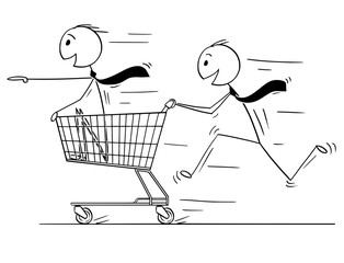 Canvas Print - Cartoon stick man drawing conceptual illustration of one businessman inside of shopping cart and second guy pushing him. Business concept of market and investment.