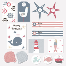Set Of Nautical Tags, Badges For Birthday Or Baby Shower Party. Vector Hand Drawn Illustration.
