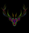 Engraving of stylized psychedelic deer on black background