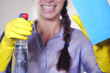 © Kitreel - A beautiful woman struggling with house cleaning cleans the house with a spray and a cloth on purpose. Concept of: cleaning, perfection, domestic crafts, cleaning products.