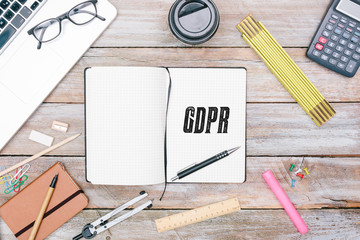 Poster - General Data Protection Regulation (GDPR) new law in 2018, office desk flat lay in journal of writer on office desk flat lay