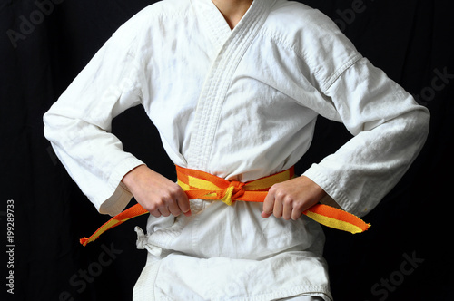 Fotografie, Obraz child's hands making a bow on karate belt