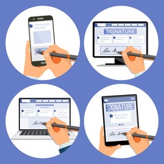 Poster - Electronic Signature Set Vector. Internet Document. Electronic Contract. Computer. Businessman Hands. Isolated Flat Illustration