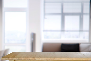 Wood board empty table in living room background