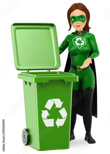 Fotografía 3D Woman superhero of recycling standing with a green bin for recycling