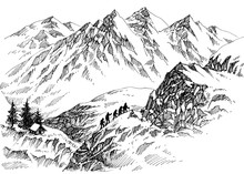 Mountain Climbers In High Lands Drawing