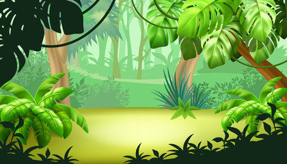 Game landscape with tropical jungle scene. Background vector illustration.