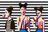 Fototapeta Młodzieżowe - Girls with candy, chewing gum and juice on a striped background. Fashionable simple vector illustration.