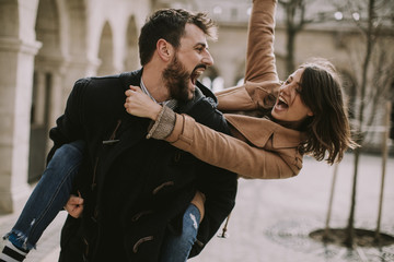 Loving couple walking and having fun in Budapest, Hungary