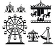 Black silhouette. Set of carnival circus icons. Amusement park collection. Tent, carousel, ferris wheel, pirate ship. Cartoon style design. Vector illustration isolated on white background