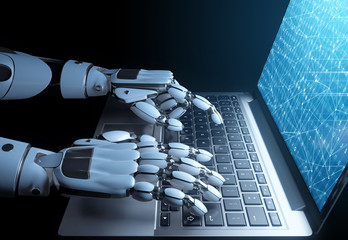 robot writing a programming code on laptop. 3d illustration. side view.