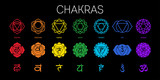 Fototapeta  - Chakras set: muladhara, swadhisthana, manipura, anahata, vishuddha, ajna, sahasrara. Vector line symbol. Om sign 