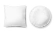 Vector 3d realistic comfortable pillows - square, round. Template, mock up of white fluffy cushion for relaxation, sleep, nap, bedding, rest.