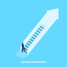 A Man In A Business Suit Rises Up The Escalator Stairs, Isometric Image
