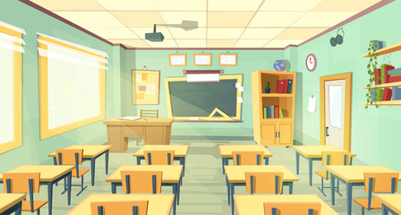 Wall Mural - Vector cartoon background with empty classroom, interior inside. Back to school concept illustration. College or university training room with furniture, chalkboard, table, projector, desks, chairs