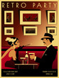 Couple in a restaurant in the style of the early 20th century. Retro party invitation card. Handmade drawing vector illustration. Art Deco style.