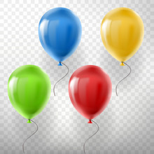 Vector Set Of Realistic Flying Helium Balloons, Multicolored, Red, Yellow, Green And Blue, Isolated On Transparent Background. Clipart With Decorative Objects For Holidays, Birthday, Parties, Events
