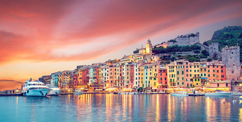 Wall Mural - mystic landscape of the harbor with colorful houses in the boats in porto venero, italy, liguria in 