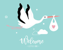 Vector Illustration Of A Baby Shower Invitation With Stork