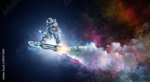 Spaceman on flying board. Mixed media