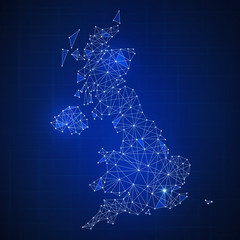 Wall Mural - Polygon Great britain map with blockchain technology peer to peer network on futuristic hud background. Network, e-commerce, bitcoin trade and cryptocurrency blockchain business banner concept.