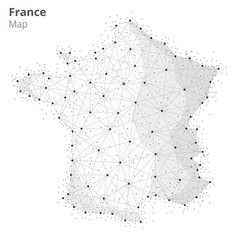 France map illustration in blockchain technology network style on white background. Block chain polygon peer to peer network connected lines technique. Cryptocurrency fintech business concept