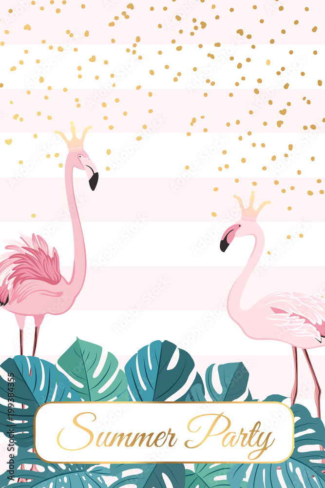 Summer party event poster card template. Exotic flamingo birds couple ...